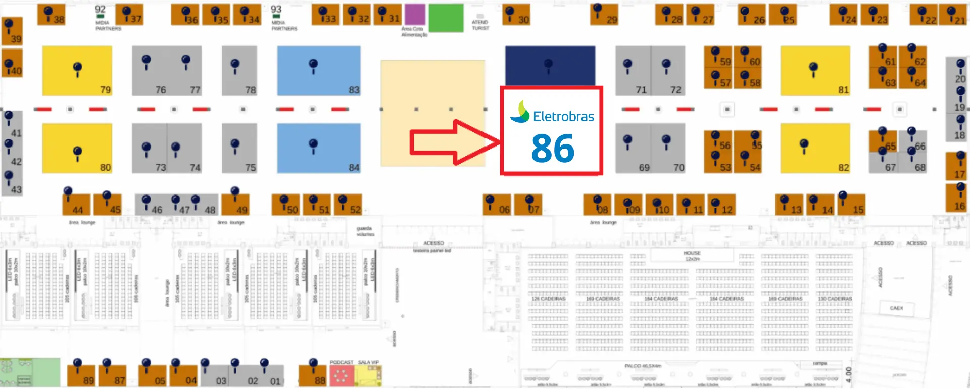 Mapa do evento com destaque no estande 86